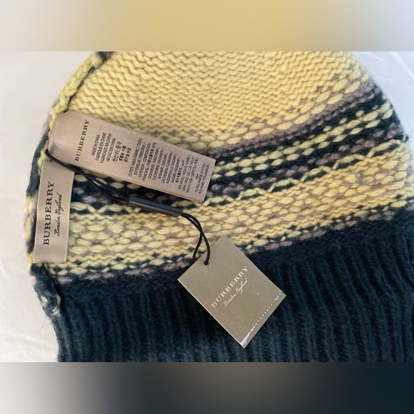 NWT BURBERRY FAIR ISLE BEANIE HAT CASHMERE / WOOL - GREEN / CREAM / TAN - Picture 6 of 11